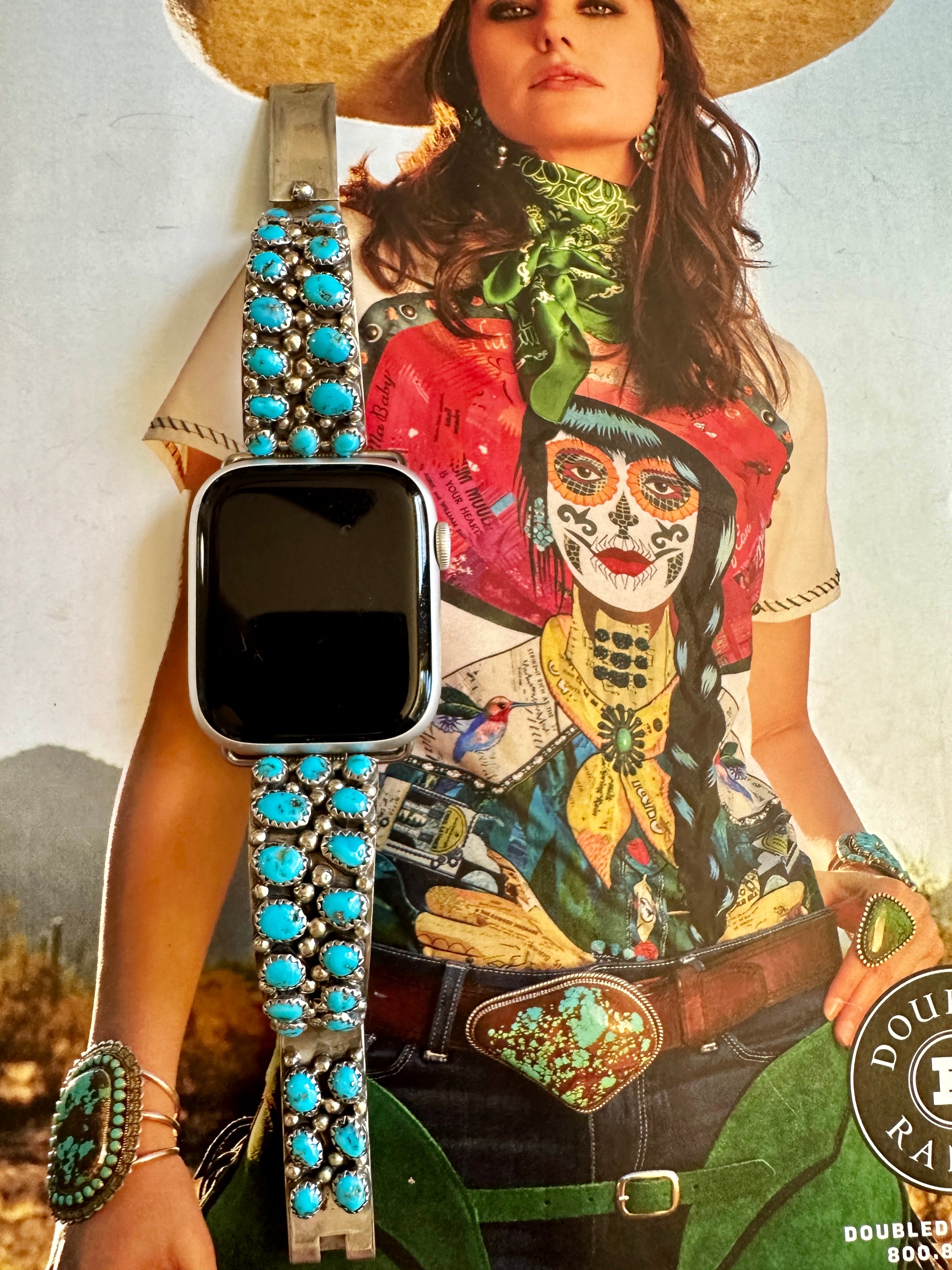 Sleeping Beauty and Coral Sterling Watchband Sleeping Beauty Turquoise Apple Watch Band - Native American  main image 2